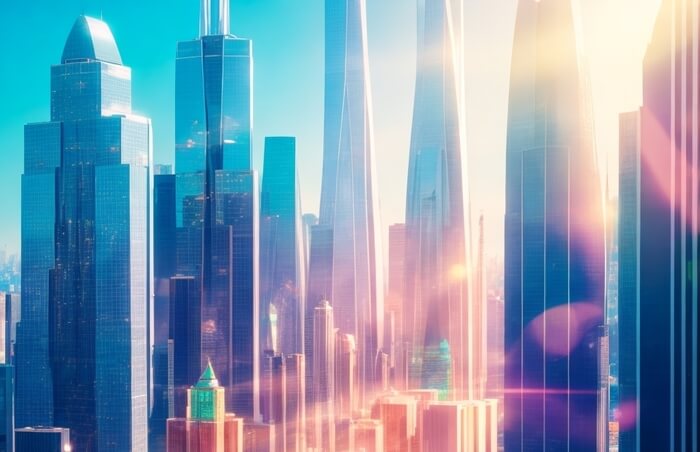 Leonardo AI Prompt: A cityscape of iridescent buildings shimmering in the sunlight