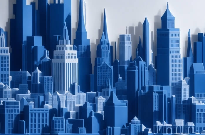 Leonardo AI Prompt: a detailed paper cut of a cityscape in shades of blue and gray