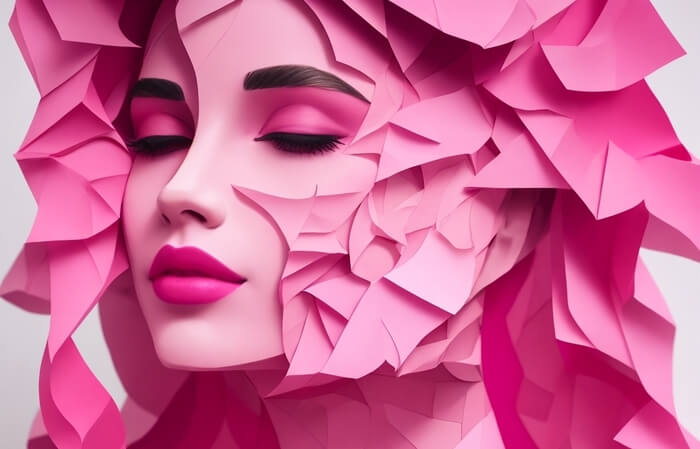 leonardo AI prompt: A layered paper art portrait of a woman made of different shades of pink paper