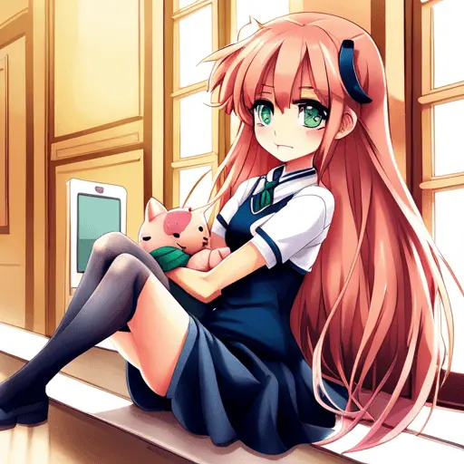 A tsundere teen girl with long, flowing pink hair, a slim physique, and a happy smile. She is wearing a school uniform and is holding a cat plushie.