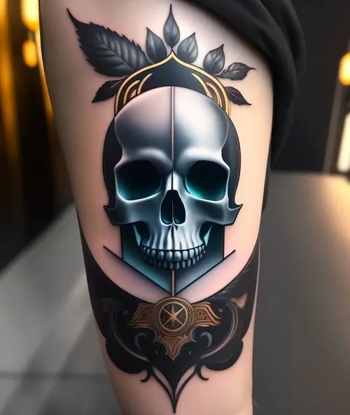 A blackwork tattoo with a bold image of a skull, inspired by the concept of "balance and harmony."