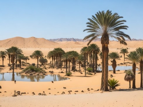 A desert oasis with palm trees
