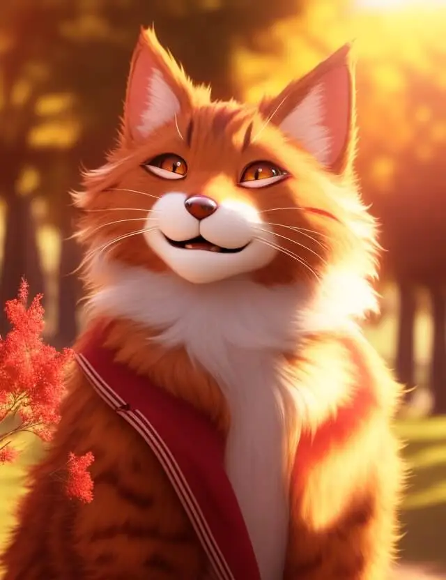 A red furred anthro cat stands in a park