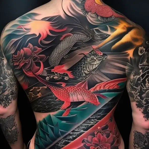 An awe-inspiring tattoo that encompasses the rich cultural symbolism of Japanese art
