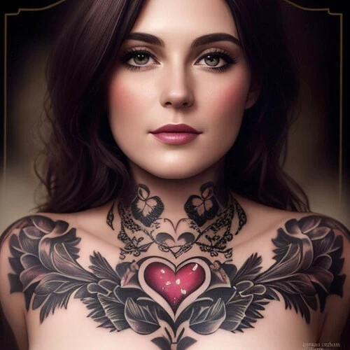 A realistic portrait tattoo for my beautiful girlfriend on chest, inspired by the concept of "timeless love."