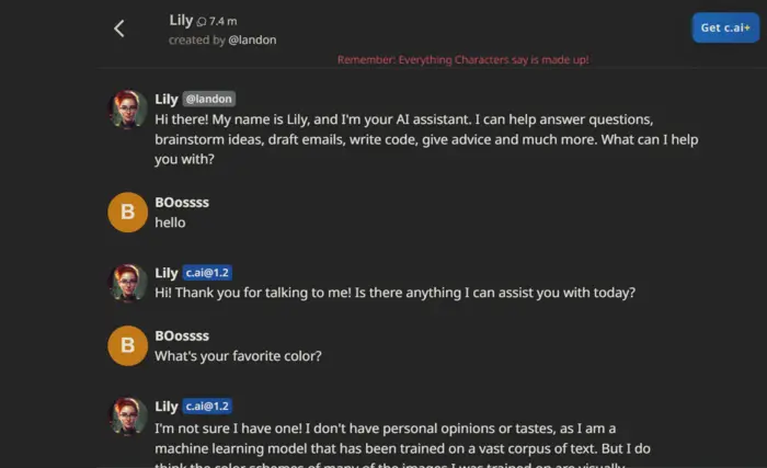 screenshot of a conversation on character ai