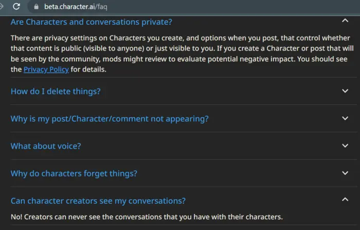 showing character ai faqs about chats