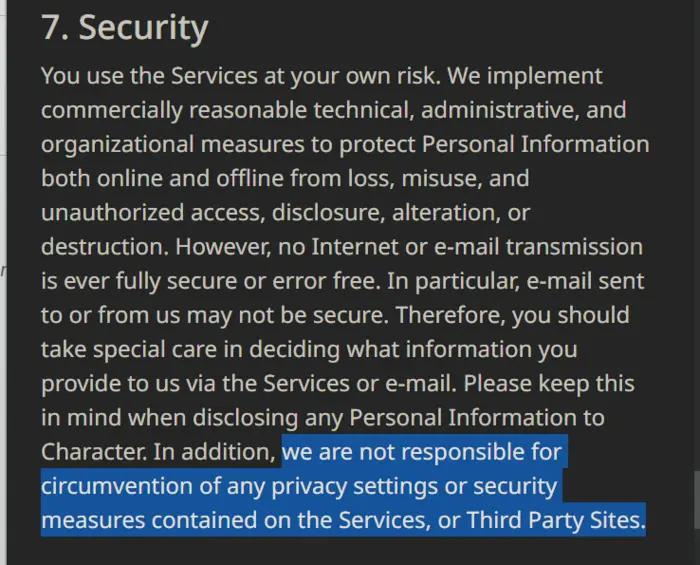 CharacterAI Privacy Policy Screenshot highlighting How they Share user Data with Third-Party