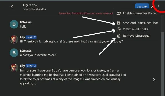 character ai saved chats and remove messages highlighted in the screenshot