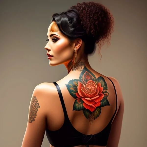 digital art of a woman sitting with her back having a tattoo of flower