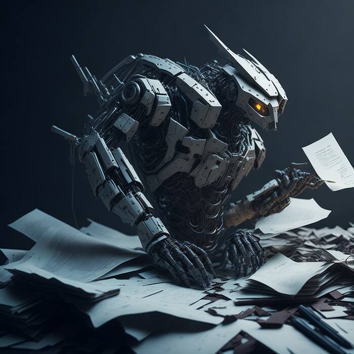 A robotic arm delicately searching through a pile of documents, looking for any discrepancies or errors.