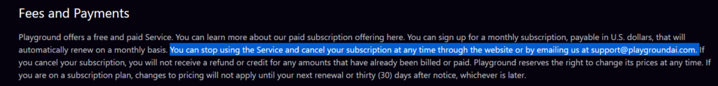 Fees information on Playground AI