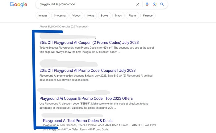 Google SERP result on Playground AI promo code