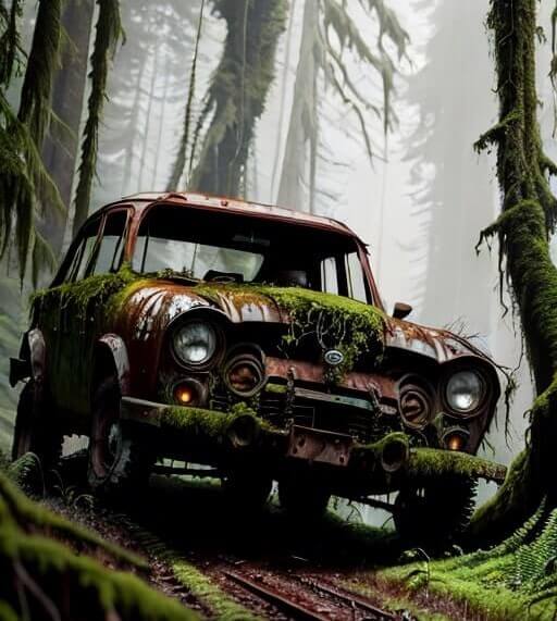 Half buried car in a forest