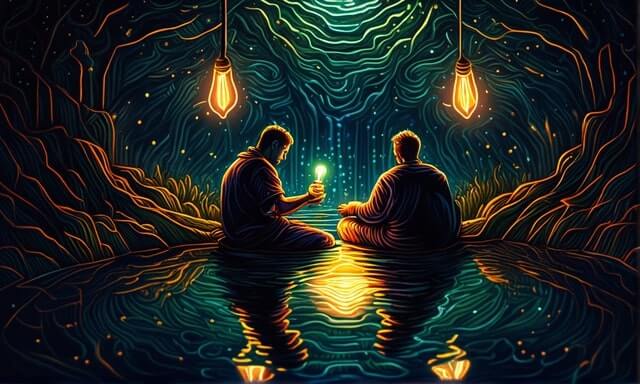 Two Men Sitting In A Pond