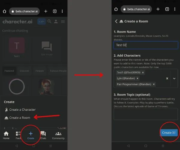 How to make a group chat on character ai Mobile: Step 3, 4 and 5 highlighted