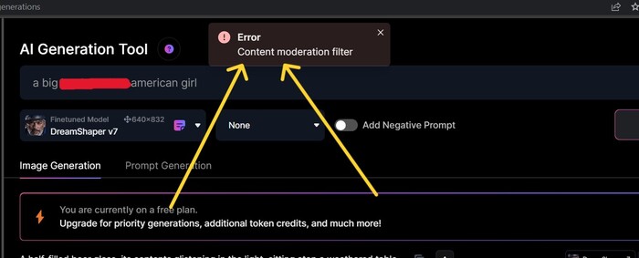 content moderation filter notification from Leonardo AI