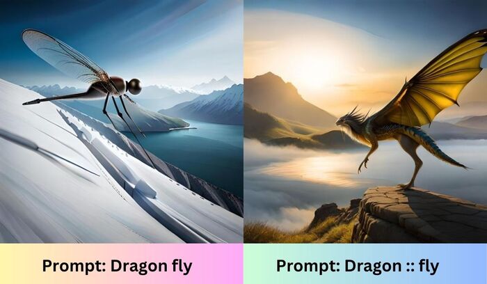 use of Midjourney Multiprompt in Dragon Fly term