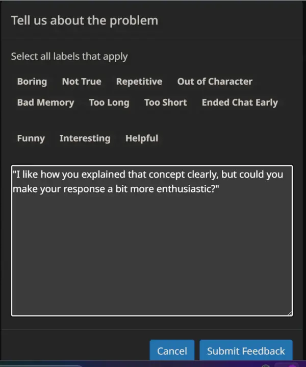 Screenshot of feedback page of character ai bot